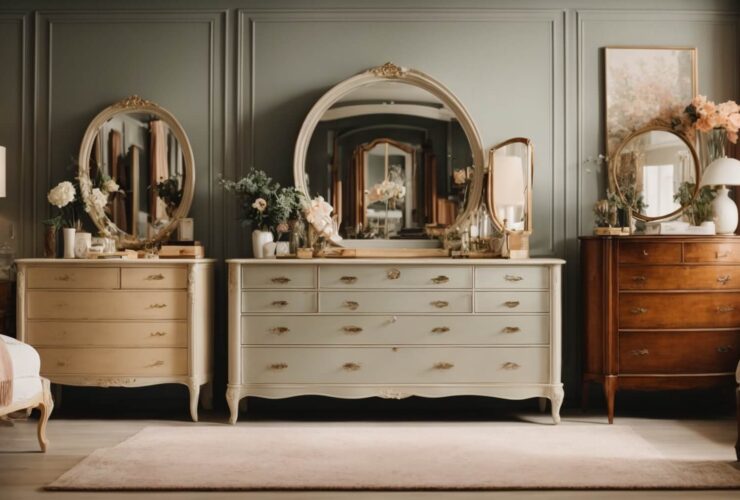 Colagem de vários estilos de cômodas para quarto em um ambiente aconchegante, destacando a variedade de designs, com uma planta e luminária ao fundo.