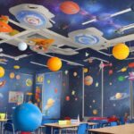 Sala de aula temática de astronauta com decorações espaciais coloridas, incluindo foguetes, planetas, mural do sistema solar e crianças usando chapéus de astronauta.