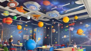 Sala de aula temática de astronauta com decorações espaciais coloridas, incluindo foguetes, planetas, mural do sistema solar e crianças usando chapéus de astronauta.