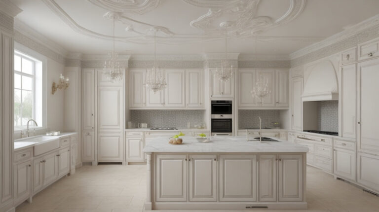 Cozinha minimalista com teto de gesso inovador, sancas iluminadas e balcão com detalhes em gesso, em um ambiente luminoso e espaçoso.