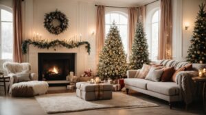 Sala de estar decorada para o Natal com árvore iluminada, guirlandas e luzes, transmitindo um clima festivo e acolhedor.