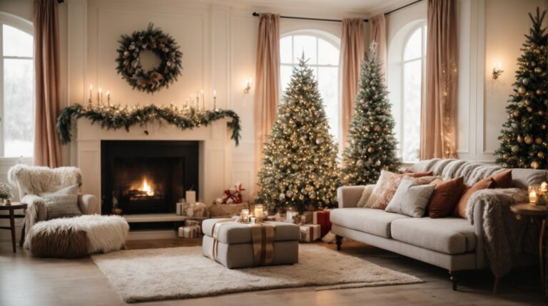 Sala de estar decorada para o Natal com árvore iluminada, guirlandas e luzes, transmitindo um clima festivo e acolhedor.