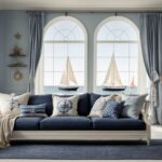 Sala de estar aconchegante com decoração náutica, apresentando sofá azul, almofadas com tema marítimo e acessórios decorativos náuticos.