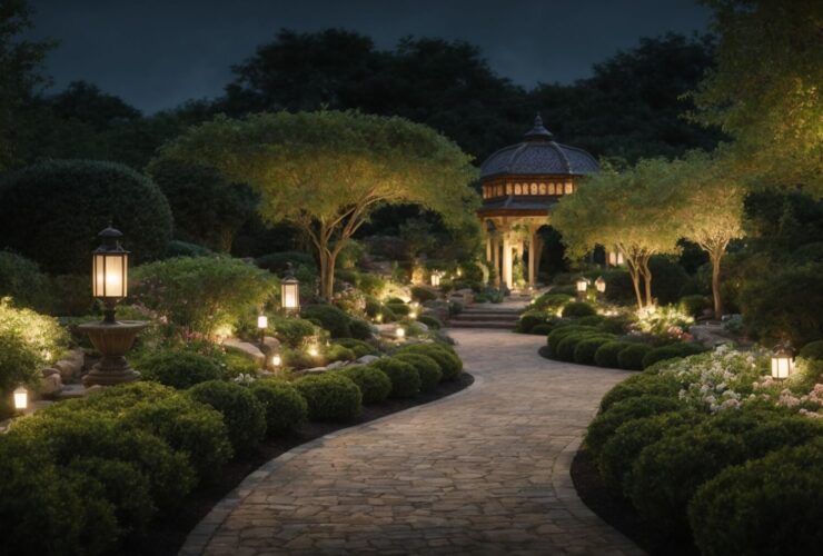 Caminho de jardim à noite, iluminado por diversas lanternas decorativas para área externa, realçando a beleza natural e criando um ambiente sereno.