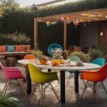 Mesa extensível contemporânea em uma área externa com cadeiras coloridas, próxima a uma área de churrasco e um espaço de lazer infantil, destacando a multifuncionalidade do espaço.
