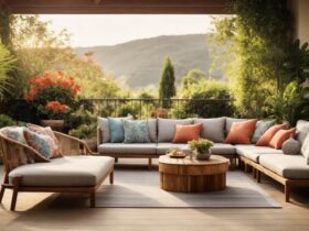 Varanda decorada com móveis modernos para área externa, destacando sofás, mesa de jantar e espreguiçadeiras em um ambiente acolhedor e elegante.