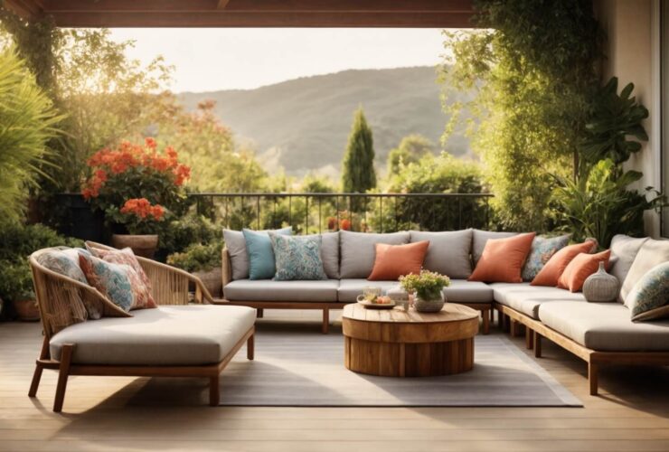 Varanda decorada com móveis modernos para área externa, destacando sofás, mesa de jantar e espreguiçadeiras em um ambiente acolhedor e elegante.