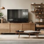 Sala de estar com rack para sala em estilo moderno, cercado por decorações como plantas, livros e objetos de arte, refletindo um design interior contemporâneo e acolhedor.