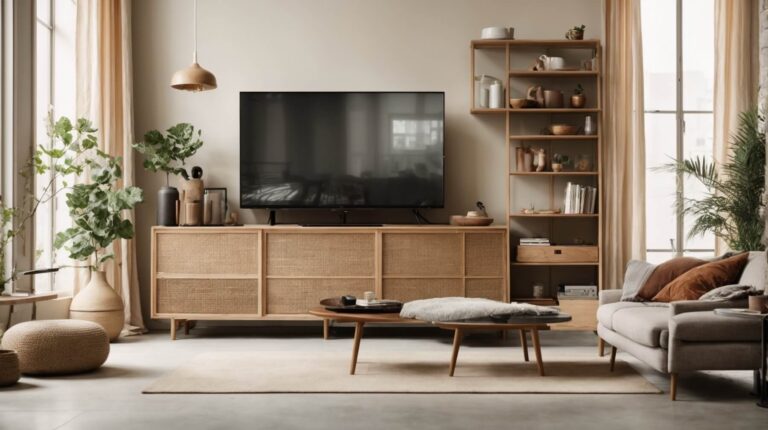 Sala de estar com rack para sala em estilo moderno, cercado por decorações como plantas, livros e objetos de arte, refletindo um design interior contemporâneo e acolhedor.