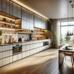 Cozinha modulada moderna com design elegante e prático, mostrando armários e bancada, ideal para artigo sobre ideias de cozinha modulada.