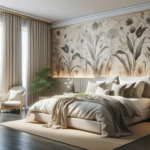Quarto moderno e tranquilo com papel de parede de padrões botânicos, móveis elegantes e decoração sofisticada, refletindo um ambiente calmo e pessoal.