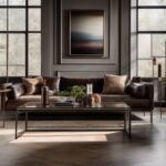 Sala de estar moderna com três mesas de centro de estilos variados, incluindo clássico, industrial e minimalista, complementadas por decoração elegante.
