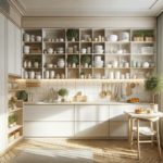 Uma cozinha pequena e elegante com prateleiras abertas, móveis multifuncionais e decoração clara.