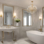 Espelhos para banheiro em estilos moderno, vintage e com LED em um banheiro luxuoso, refletindo sofisticação e inovação em design de interiores.