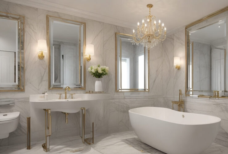 Espelhos para banheiro em estilos moderno, vintage e com LED em um banheiro luxuoso, refletindo sofisticação e inovação em design de interiores.
